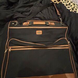 Men's Black Garment Bag with Brown Trim and Shoulder Strap
